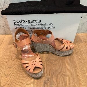 Pedro Garcia Danna Nude Suede Floral Cutout Platform Wedges